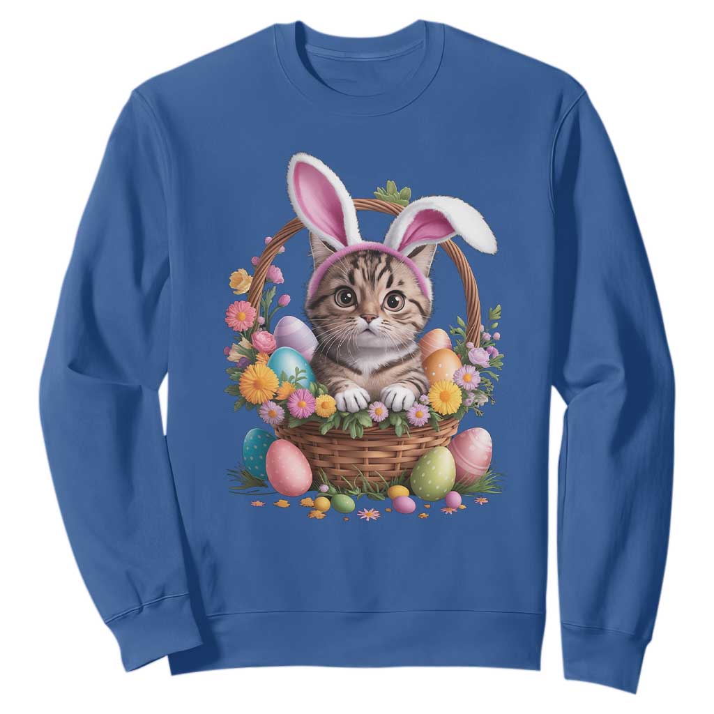 Funny Easter Day Cat Bunny Ears Egg Basket Sweatshirt TS11 Royal Blue Print Your Wear
