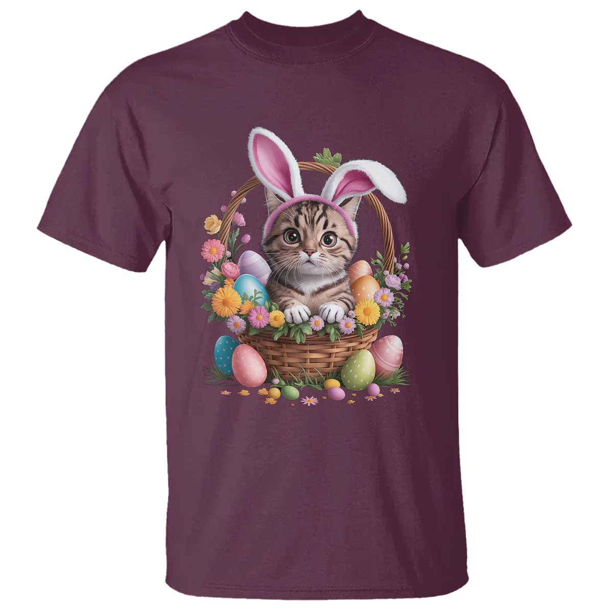 Funny Easter Day Cat Bunny Ears Egg Basket T Shirt TS11 Maroon Print Your Wear