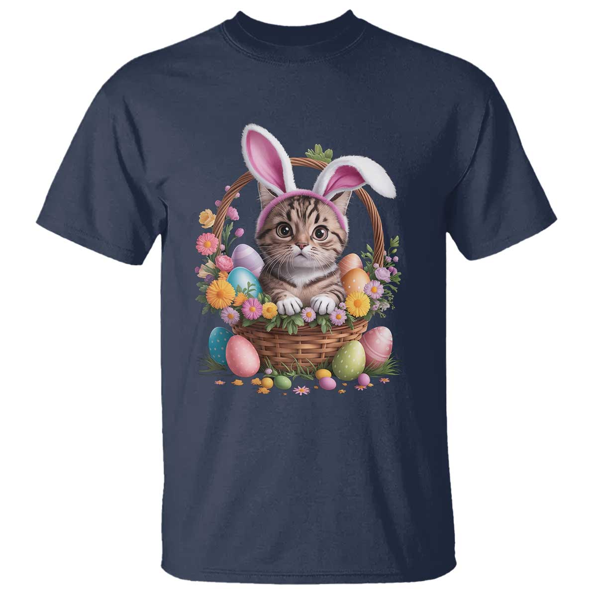 Funny Easter Day Cat Bunny Ears Egg Basket T Shirt TS11 Navy Print Your Wear