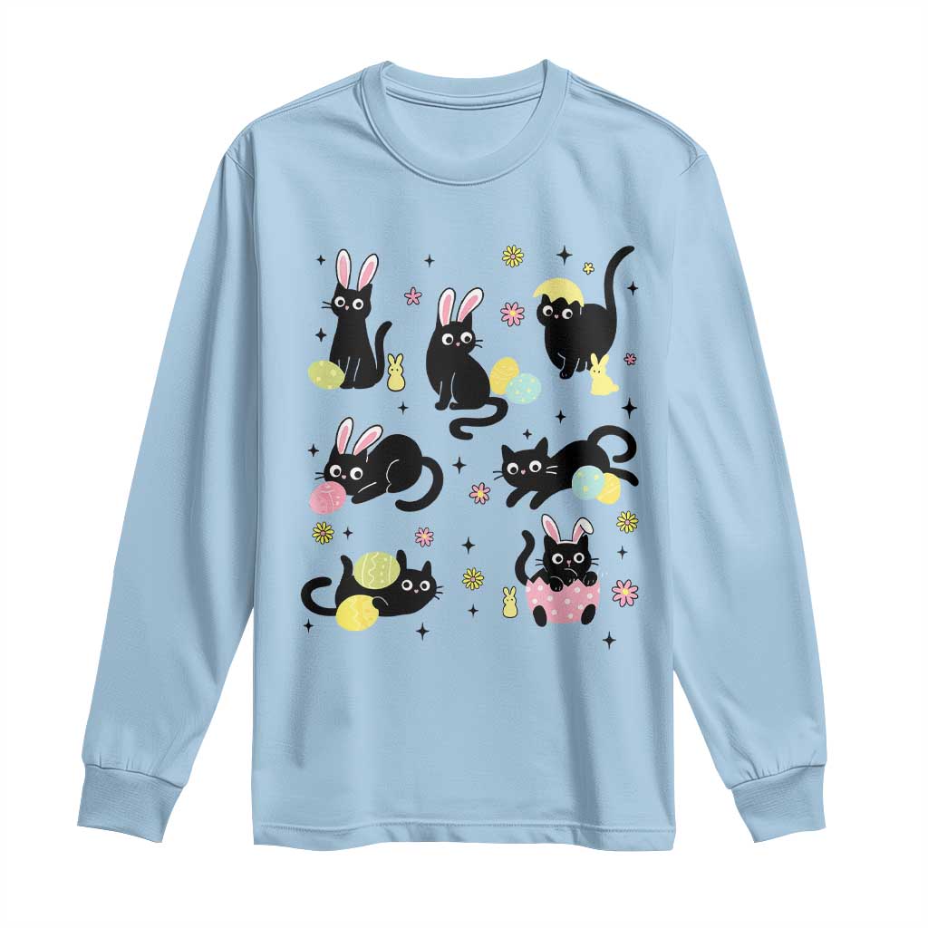 Funny Black Cat With Bunny Eggs Easter Day Long Sleeve Shirt TS11 Light Blue Print Your Wear