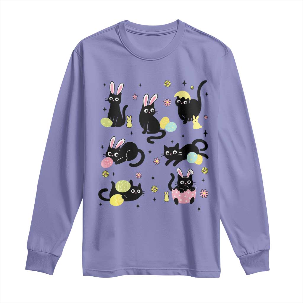 Funny Black Cat With Bunny Eggs Easter Day Long Sleeve Shirt TS11 Violet Print Your Wear