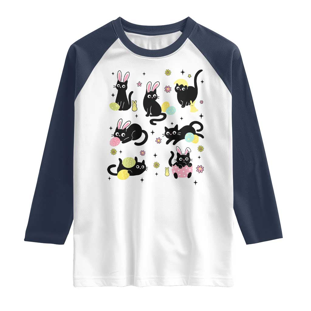 Funny Black Cat With Bunny Eggs Easter Day Raglan Shirt TS11 White Navy Print Your Wear