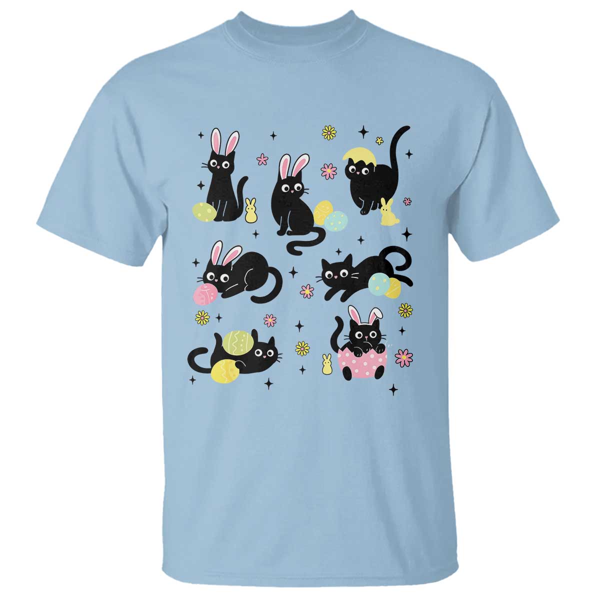 Funny Black Cat With Bunny Eggs Easter Day T Shirt TS11 Light Blue Print Your Wear