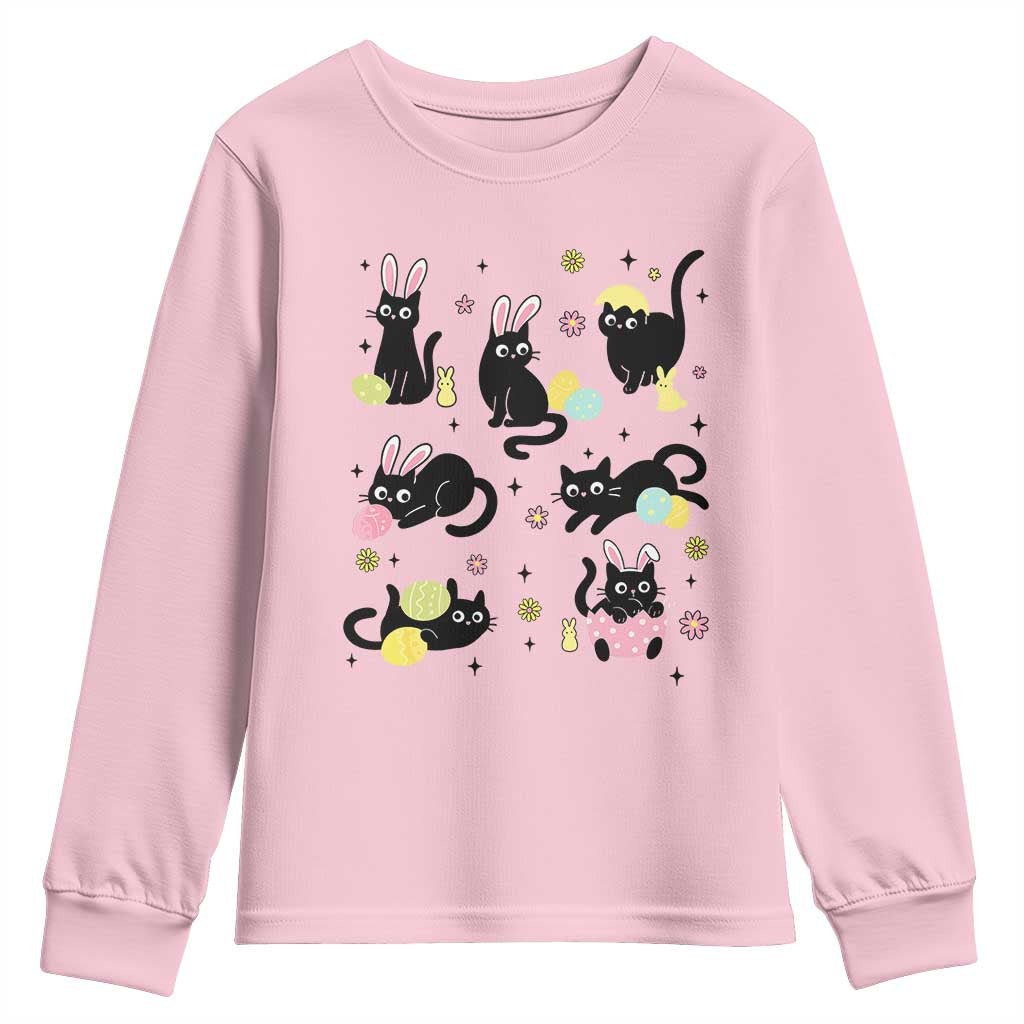 Funny Black Cat With Bunny Eggs Easter Day Youth Sweatshirt TS11 Light Pink Print Your Wear