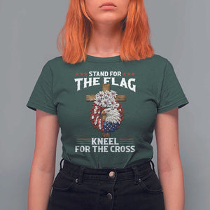 Christian Faith T Shirt For Women 4th Of July Stand For The Flag Kneel For The Cross USA Flag TS11 Dark Forest Green Print Your Wear