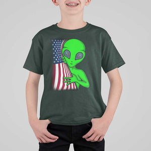 Funny 4th Of July Alien T Shirt For Kid USA American Flag UFO TS11 Dark Forest Green Print Your Wear