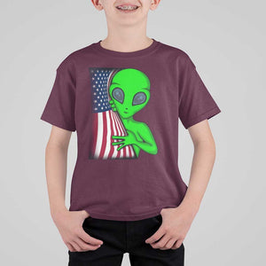 Funny 4th Of July Alien T Shirt For Kid USA American Flag UFO TS11 Maroon Print Your Wear