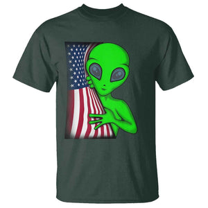 Funny 4th Of July Alien T Shirt USA American Flag UFO TS11 Dark Forest Green Print Your Wear