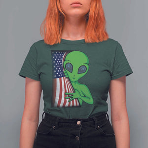 Funny 4th Of July Alien T Shirt For Women USA American Flag UFO TS11 Dark Forest Green Print Your Wear