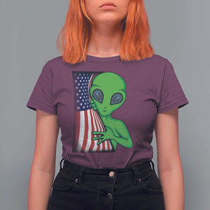 Funny 4th Of July Alien T Shirt For Women USA American Flag UFO TS11 Maroon Print Your Wear