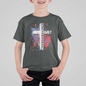 Patriotic Christian T Shirt For Kid Faith Family Freedom Vintage USA Flag Cross 4th Of July TS11 Dark Heather Print Your Wear