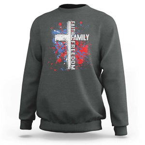 Patriotic Christian Sweatshirt Faith Family Freedom Vintage USA Flag Cross 4th Of July TS11 Dark Heather Print Your Wear