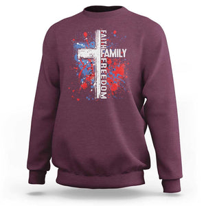 Patriotic Christian Sweatshirt Faith Family Freedom Vintage USA Flag Cross 4th Of July TS11 Maroon Print Your Wear