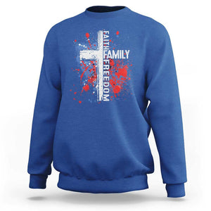 Patriotic Christian Sweatshirt Faith Family Freedom Vintage USA Flag Cross 4th Of July TS11 Royal Blue Print Your Wear