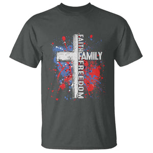 Patriotic Christian T Shirt Faith Family Freedom Vintage USA Flag Cross 4th Of July TS11 Dark Heather Print Your Wear