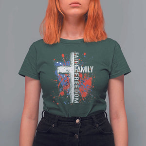 Patriotic Christian T Shirt For Women Faith Family Freedom Vintage USA Flag Cross 4th Of July TS11 Dark Forest Green Print Your Wear