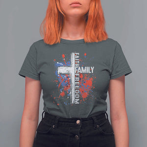 Patriotic Christian T Shirt For Women Faith Family Freedom Vintage USA Flag Cross 4th Of July TS11 Dark Heather Print Your Wear