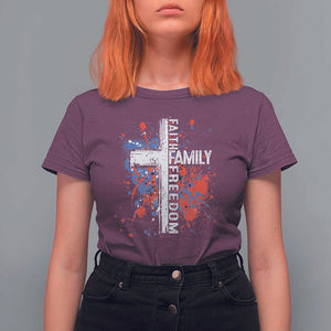 Patriotic Christian T Shirt For Women Faith Family Freedom Vintage USA Flag Cross 4th Of July TS11 Maroon Print Your Wear