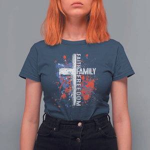 Patriotic Christian T Shirt For Women Faith Family Freedom Vintage USA Flag Cross 4th Of July TS11 Navy Print Your Wear