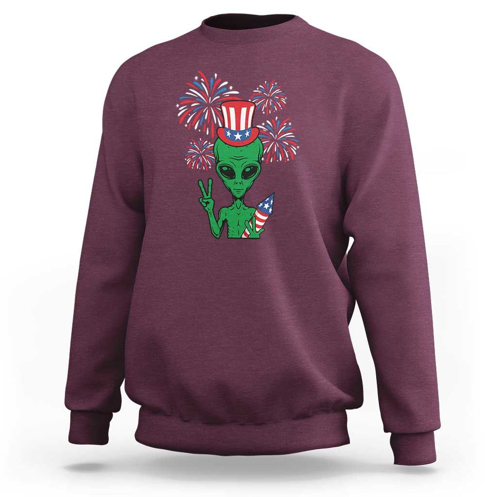Funny Fourth Of July Alien Sweatshirt American USA Flag Fireworks TS11 Maroon Print Your Wear