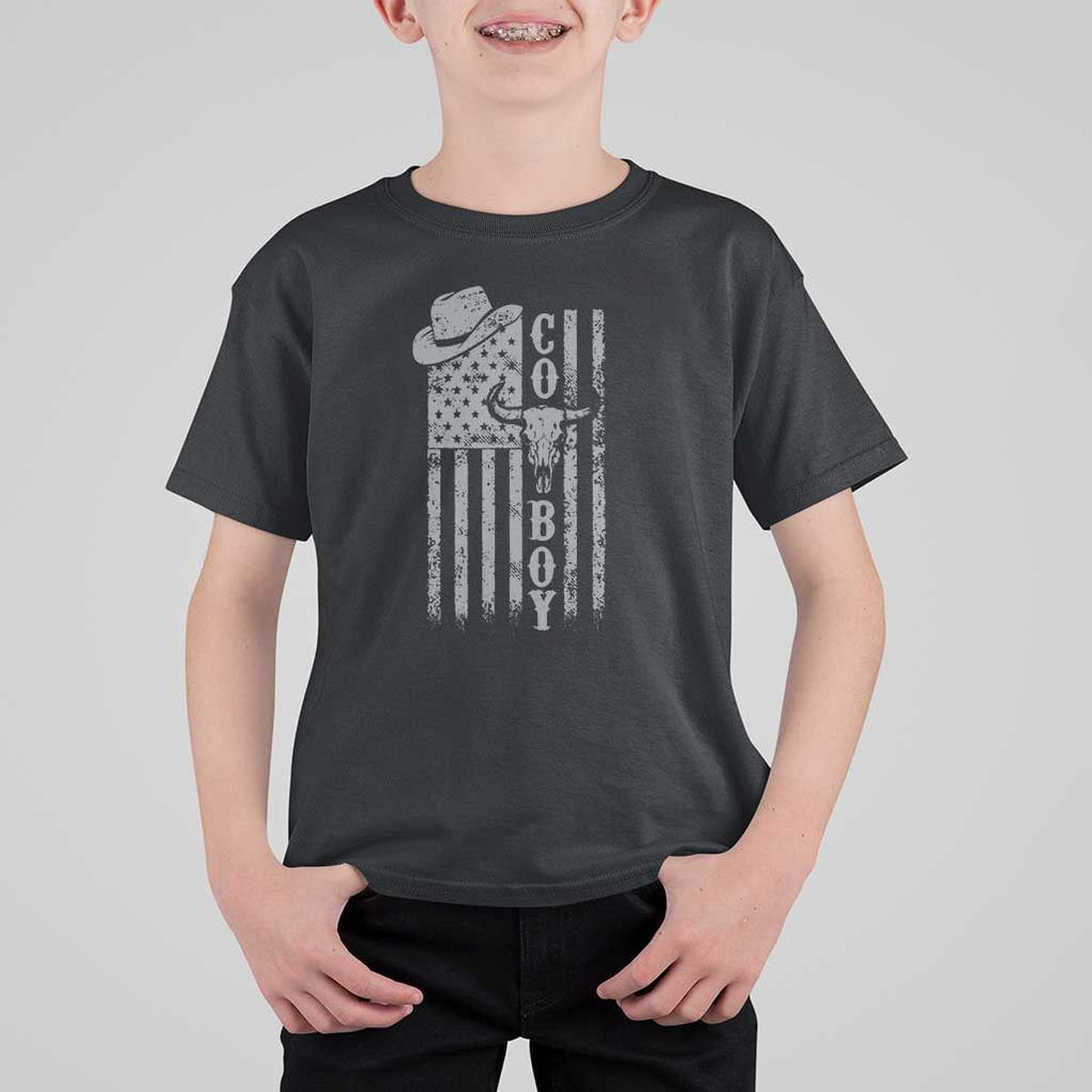 Fourth Of July Western Country T Shirt For Kid Howdy American Flag Cowboy Texas Rodeo Cow Skull TS11 Black Print Your Wear