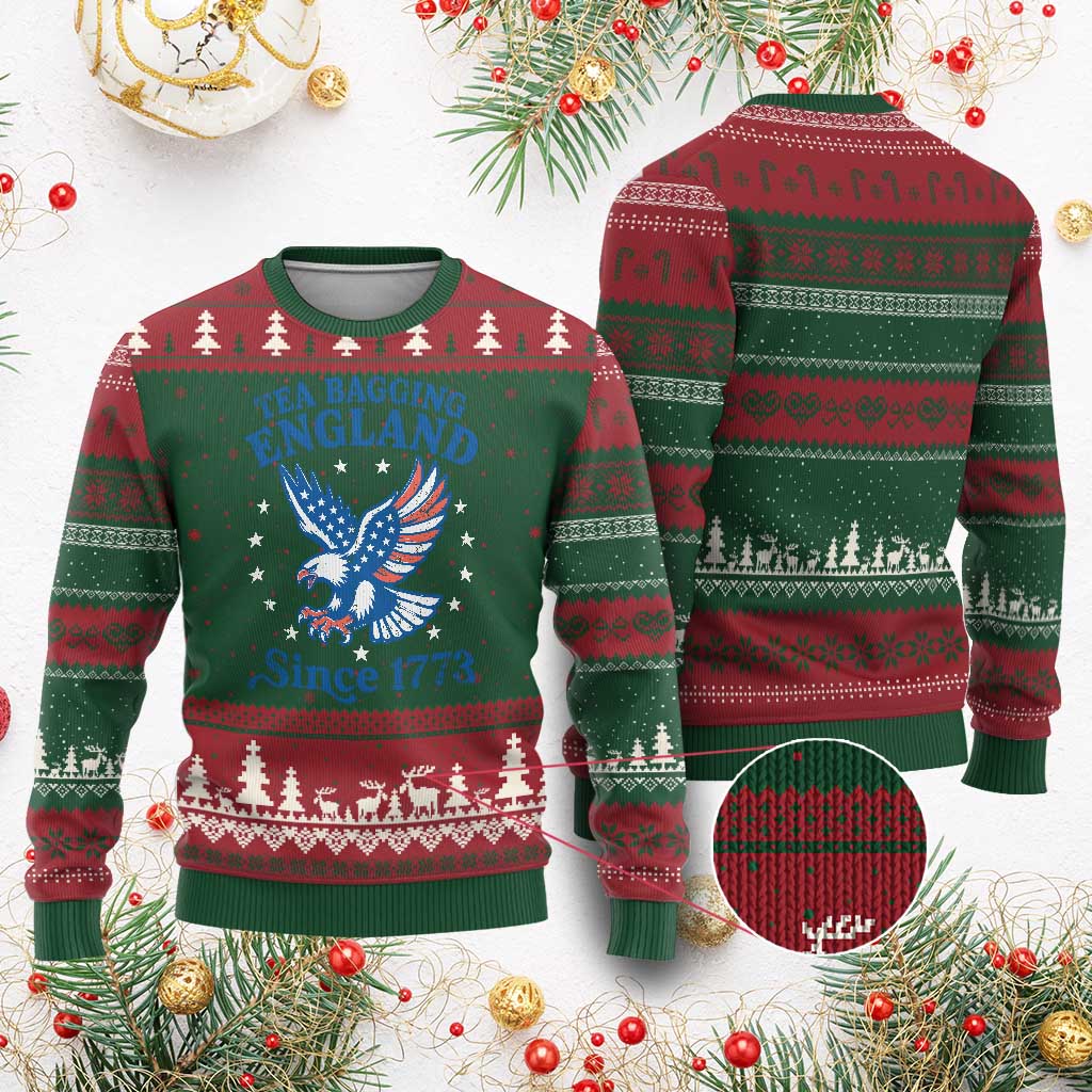 Tea Bagging England Since 1773 Ugly Christmas Sweater Patriotic Eagle 4th of July TS11 Red Green Print Your Wear