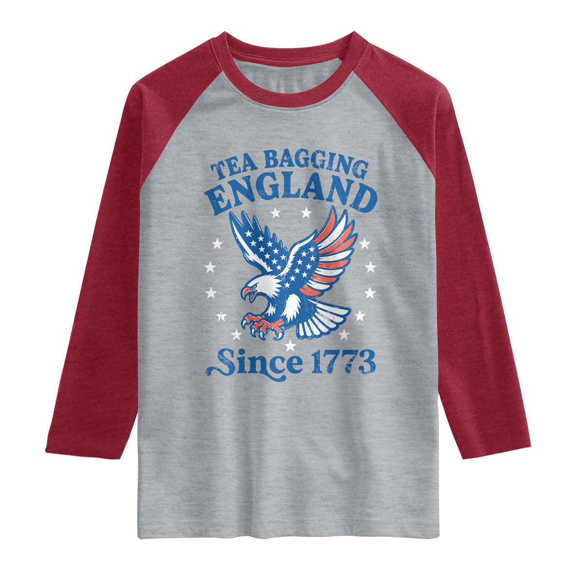Tea Bagging England Since 1773 Raglan Shirt Patriotic Eagle 4th of July TS11 Heather Gray Heather Red Print Your Wear
