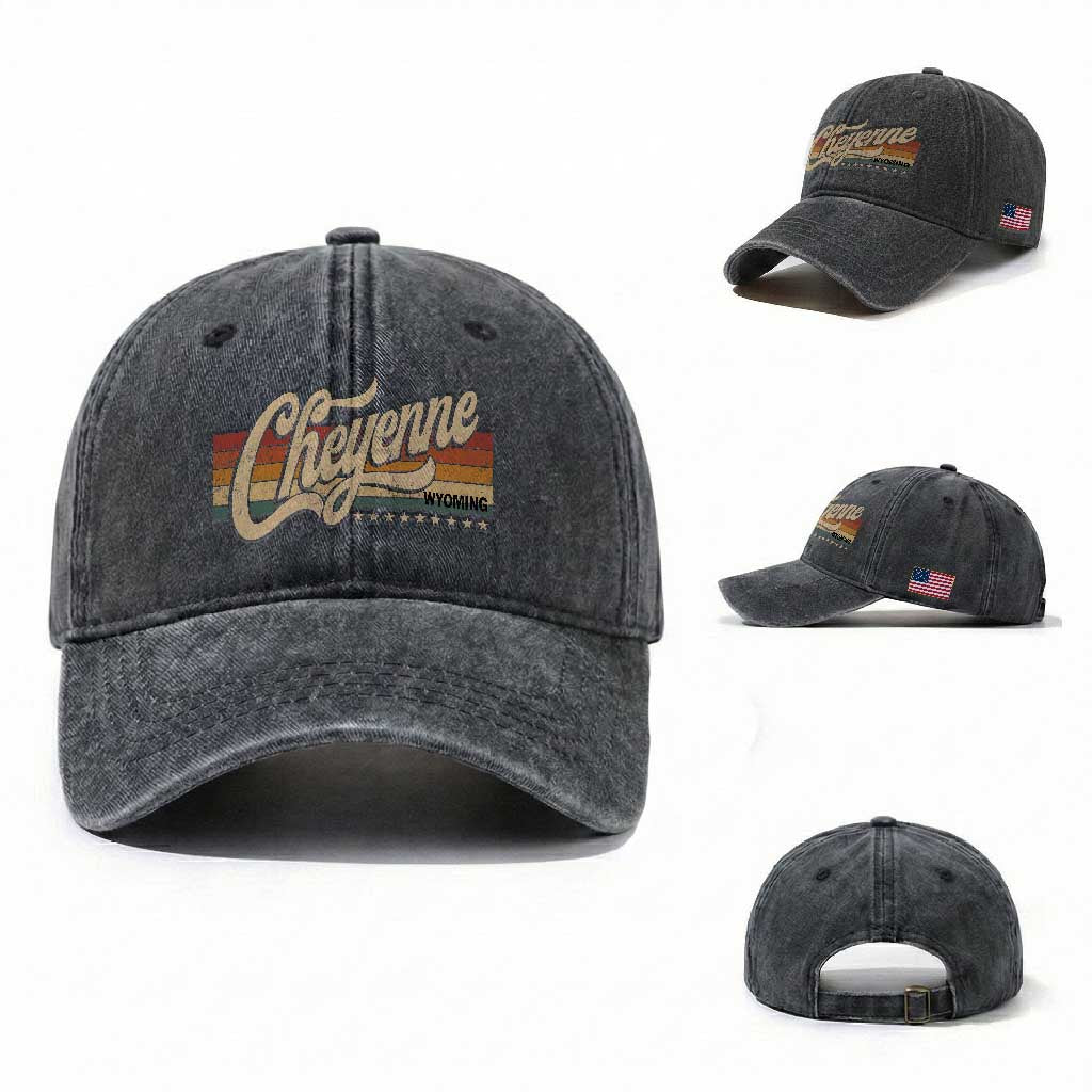 Cheyenne Wyoming Pride Retro Vintage WY State Washed Cotton Baseball Cap TS11 Washed Cap Universal Fit Dark Gray Print Your Wear
