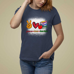 Teacher T Shirt For Women Peace Love Teach Cute Apple Book Pencil TS11 Navy Print Your Wear