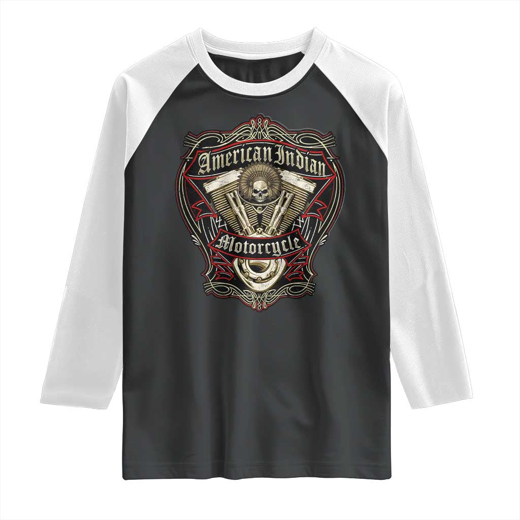 American Indian Skull Motorcycle Vintage Motorbike Engine Raglan Shirt TS11 Black White Print Your Wear