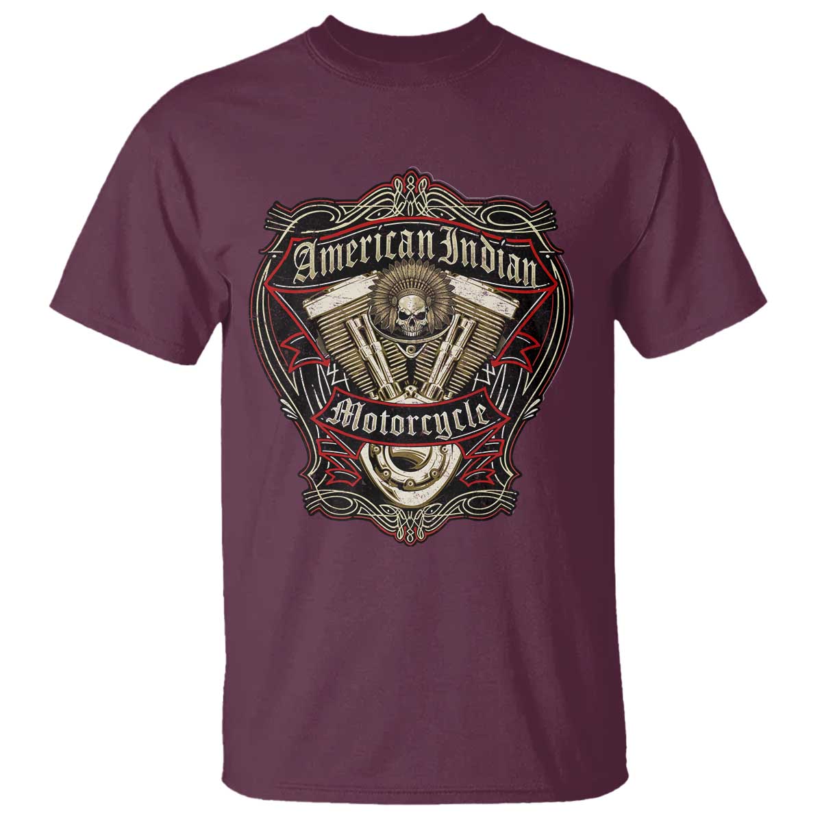 American Indian Skull Motorcycle Vintage Motorbike Engine T Shirt TS11 Maroon Print Your Wear