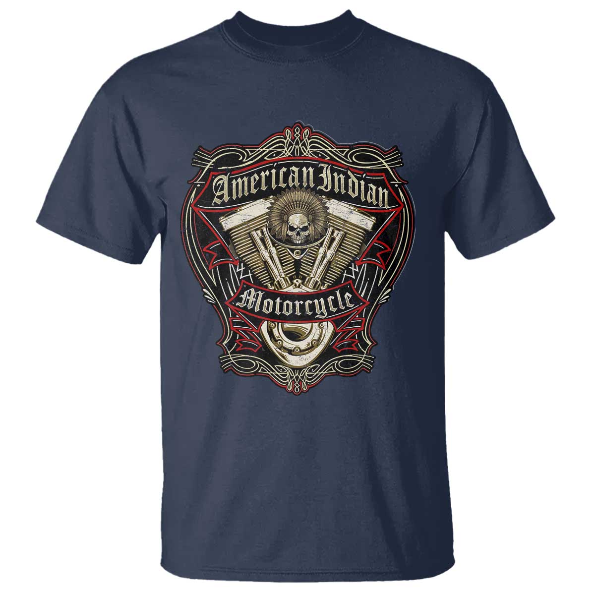 American Indian Skull Motorcycle Vintage Motorbike Engine T Shirt TS11 Navy Print Your Wear
