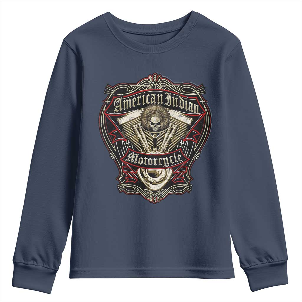 American Indian Skull Motorcycle Vintage Motorbike Engine Youth Sweatshirt TS11 Navy Print Your Wear