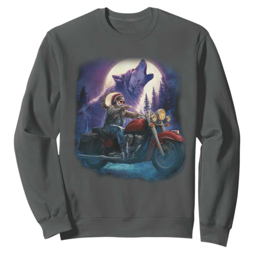 Native American Rider Sweatshirt Vintage Indian American Motorcycle Wolf TS11 Dark Heather Print Your Wear