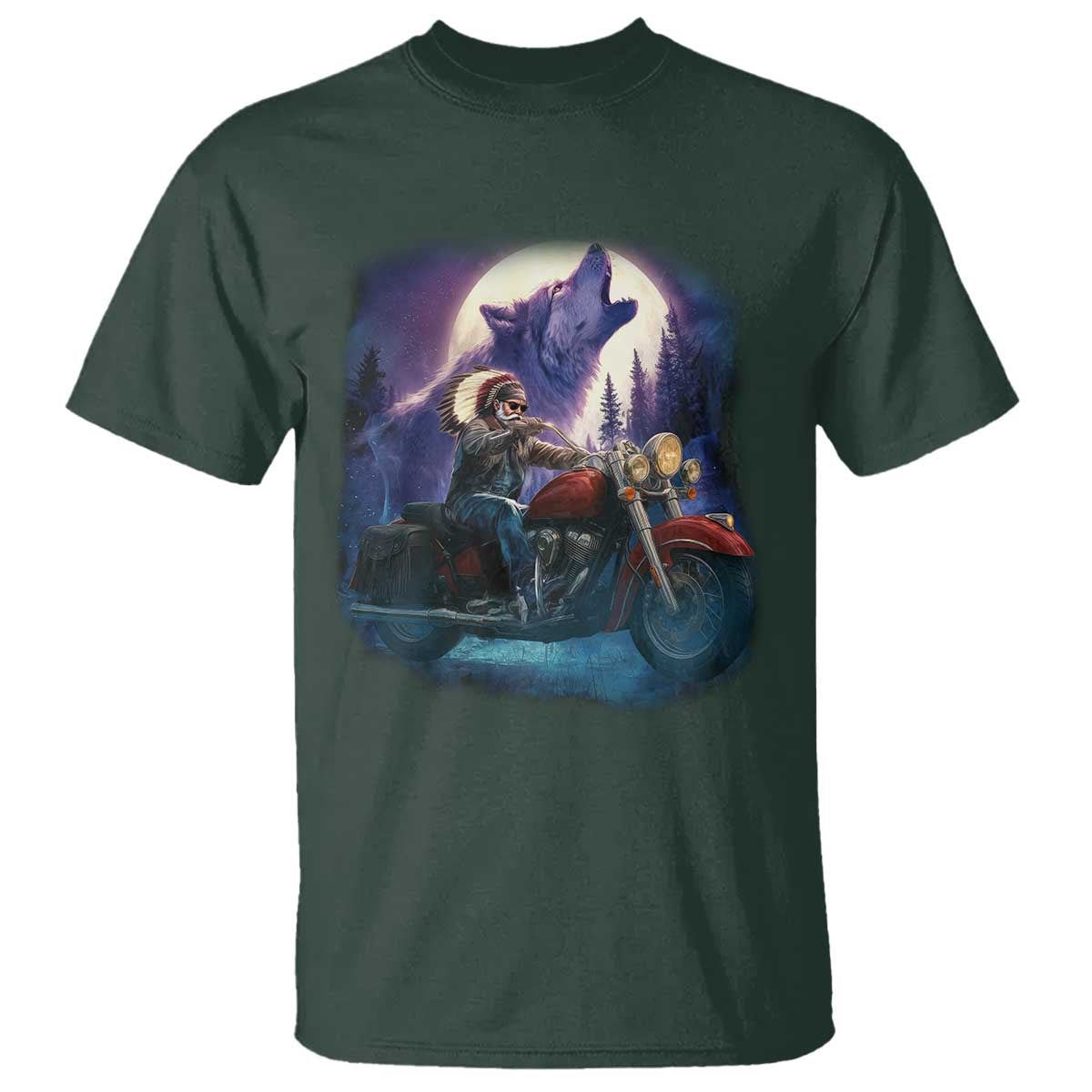 Native American Rider T Shirt Vintage Indian American Motorcycle Wolf TS11 Dark Forest Green Print Your Wear