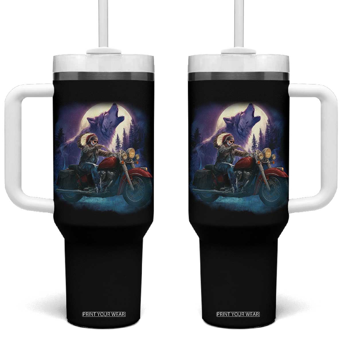 Native American Rider Tumbler With Handle Vintage Indian American Motorcycle Wolf TS11 One Size: 40 oz Black Print Your Wear