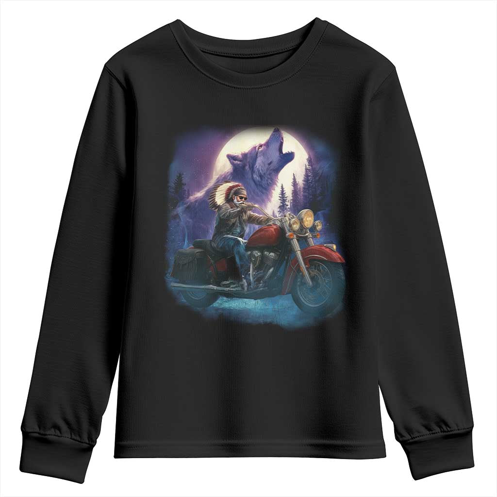 Native American Rider Youth Sweatshirt Vintage Indian American Motorcycle Wolf TS11 Black Print Your Wear