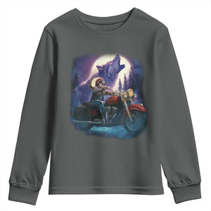 Native American Rider Youth Sweatshirt Vintage Indian American Motorcycle Wolf TS11 Dark Heather Print Your Wear