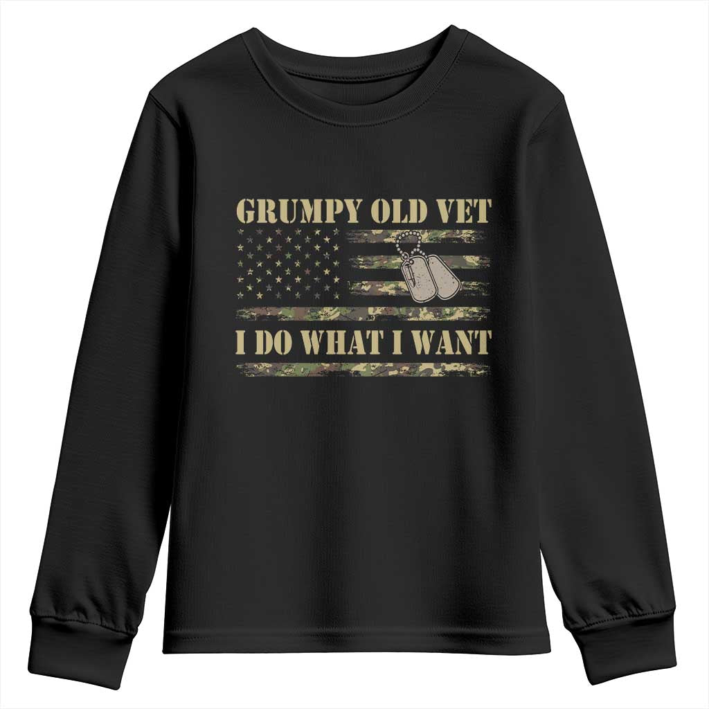Funny Grumpy Old Vet I Do What I Want Youth Sweatshirt Military Veteran Camo American Flag TS11 Black Print Your Wear