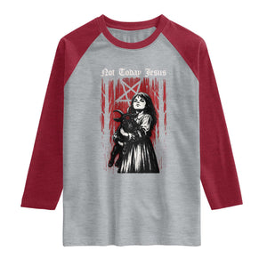 Not Today Jesus Gothic Dark Art Creepy Halloween Raglan Shirt TS11 Heather Gray Heather Red Print Your Wear