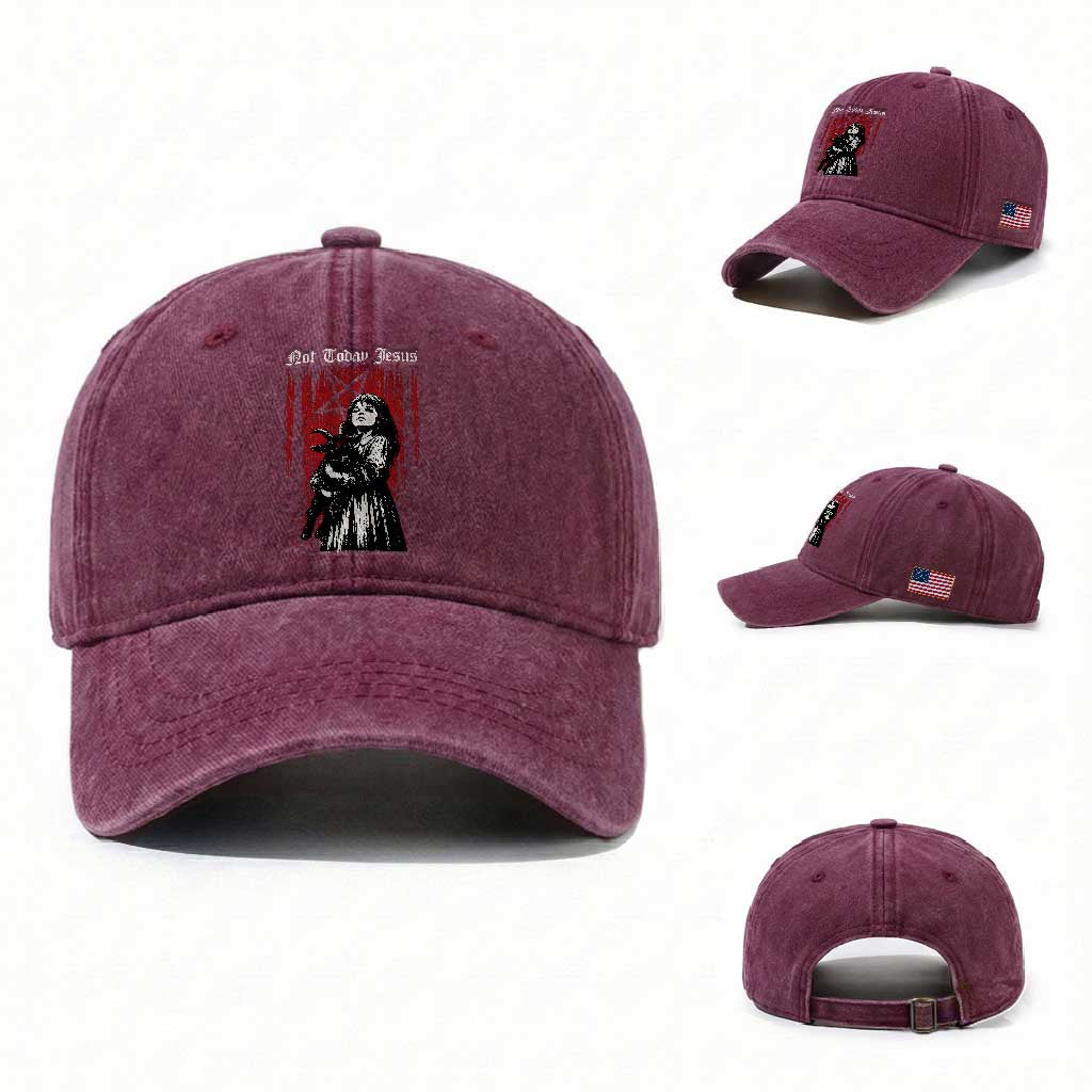 Not Today Jesus Gothic Dark Art Creepy Halloween Washed Cotton Baseball Cap TS11 Washed Cap Universal Fit Burgundy Print Your Wear
