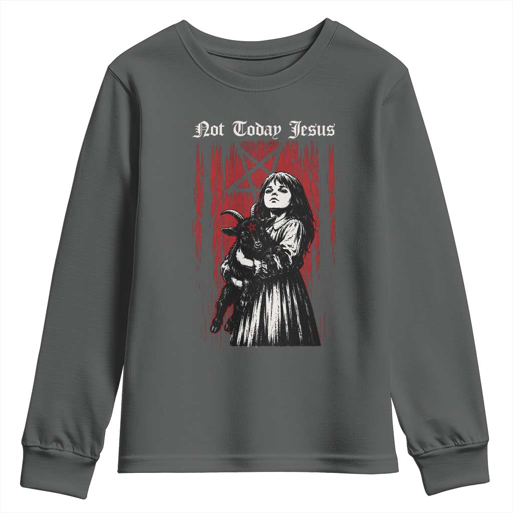 Not Today Jesus Gothic Dark Art Creepy Halloween Youth Sweatshirt TS11 Dark Heather Print Your Wear