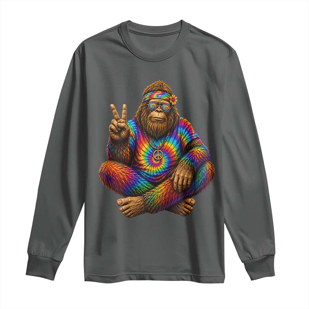 Hippie Bigfoot Peace Sign Tie Dye Sasquatch Long Sleeve Shirt TS11 Dark Heather Print Your Wear