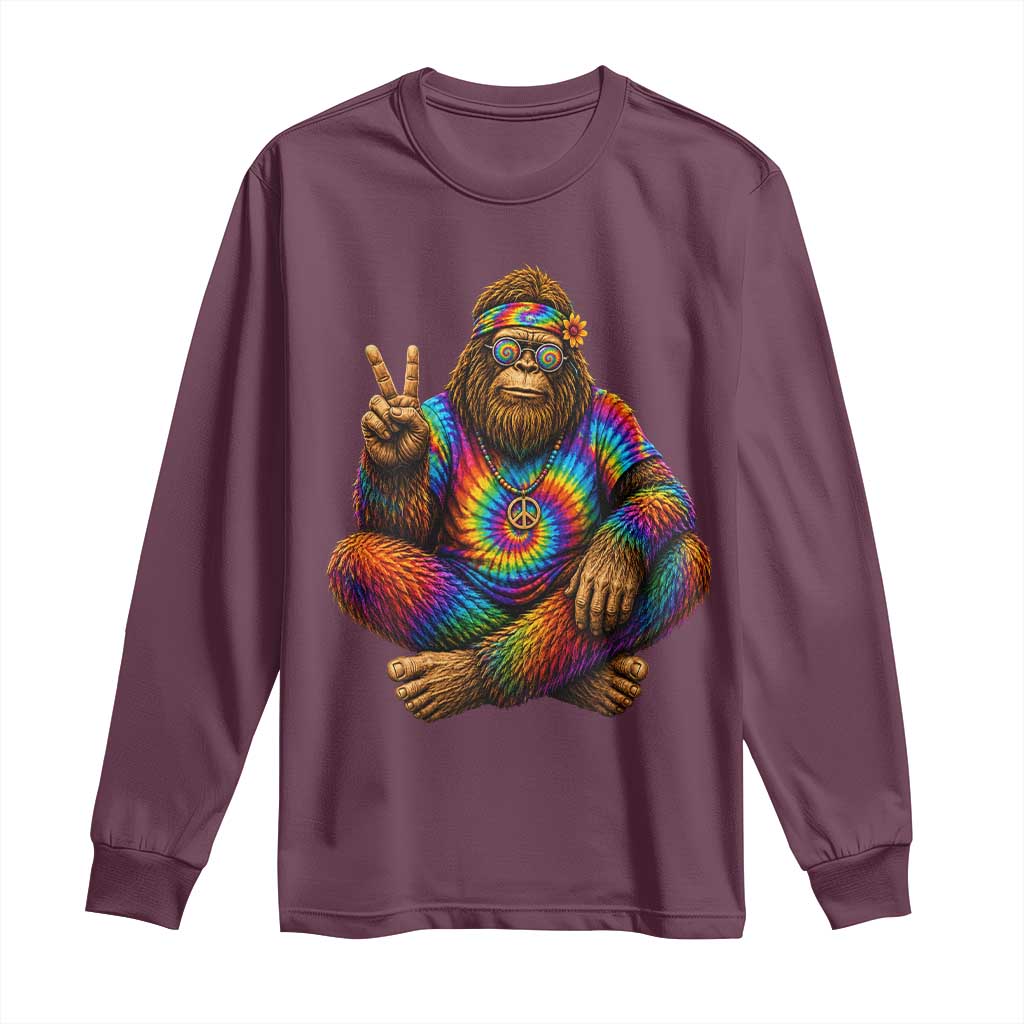 Hippie Bigfoot Peace Sign Tie Dye Sasquatch Long Sleeve Shirt TS11 Maroon Print Your Wear