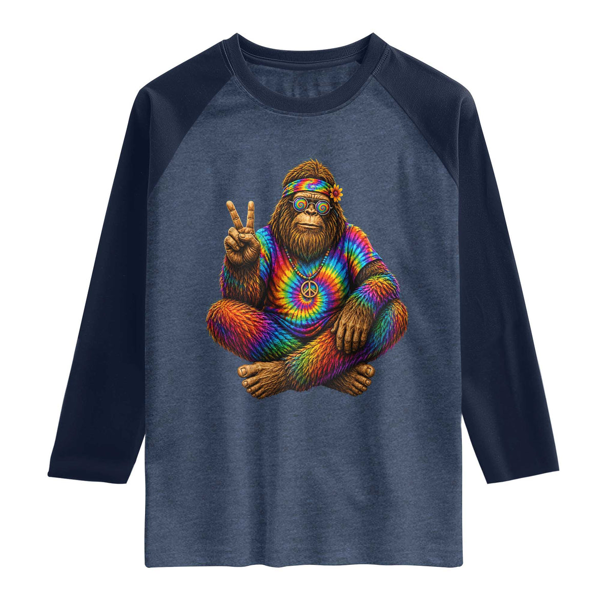 Hippie Bigfoot Peace Sign Tie Dye Sasquatch Raglan Shirt TS11 Heather Denim Navy Print Your Wear