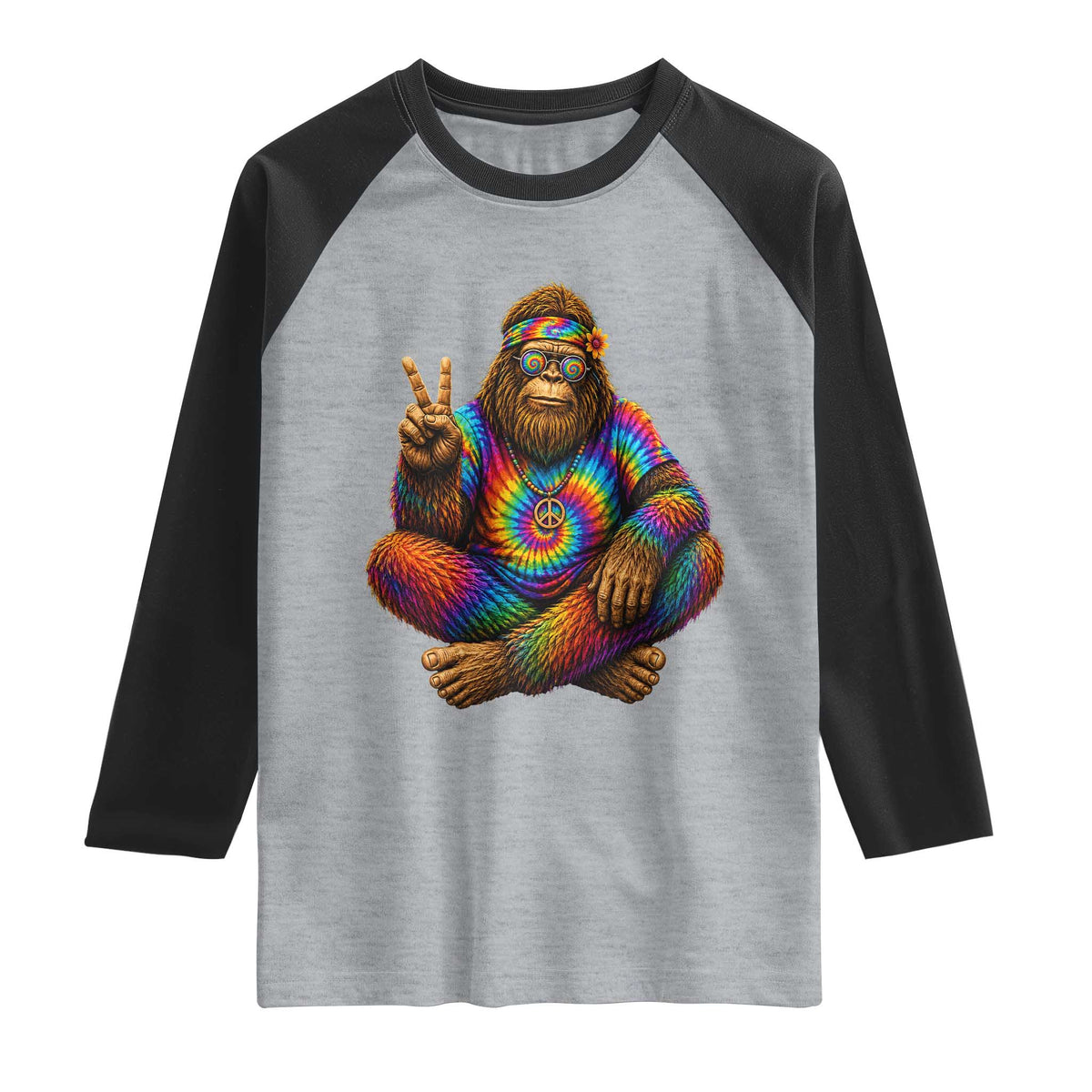 Hippie Bigfoot Peace Sign Tie Dye Sasquatch Raglan Shirt TS11 Heather Gray Black Print Your Wear