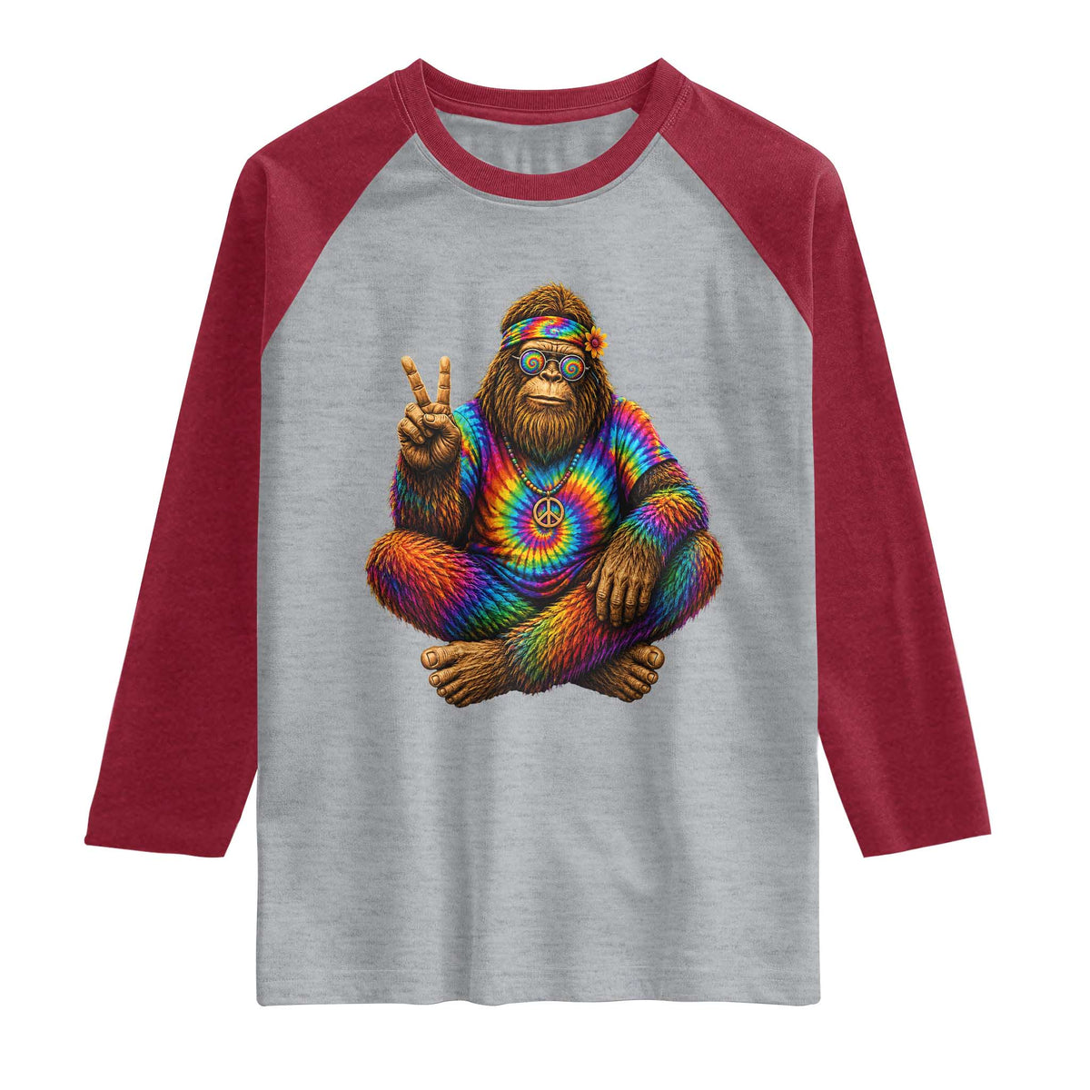 Hippie Bigfoot Peace Sign Tie Dye Sasquatch Raglan Shirt TS11 Heather Gray Heather Red Print Your Wear