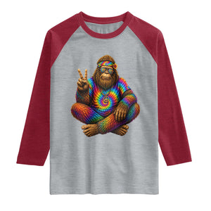 Hippie Bigfoot Peace Sign Tie Dye Sasquatch Raglan Shirt TS11 Heather Gray Heather Red Print Your Wear