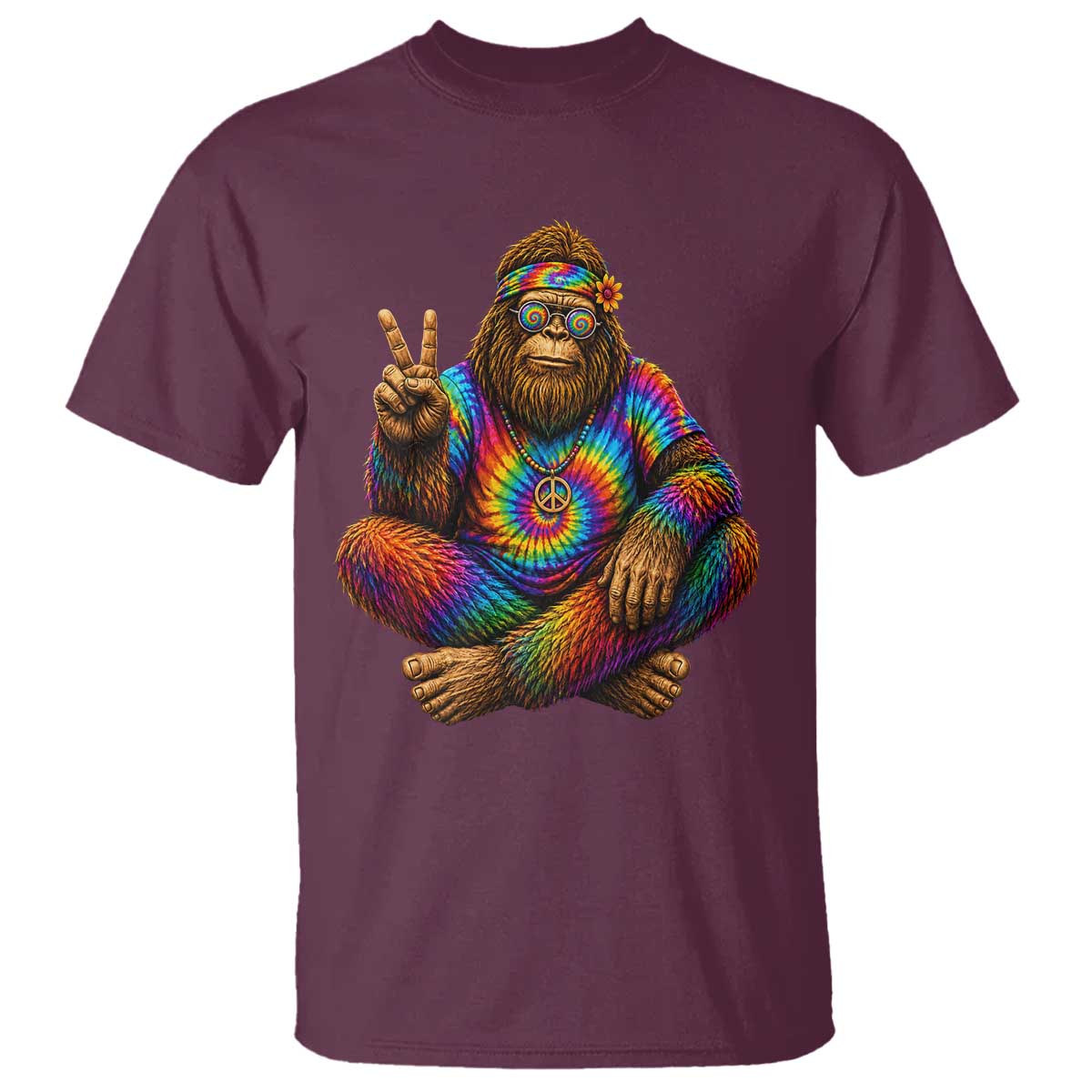 Hippie Bigfoot Peace Sign Tie Dye Sasquatch T Shirt TS11 Maroon Print Your Wear
