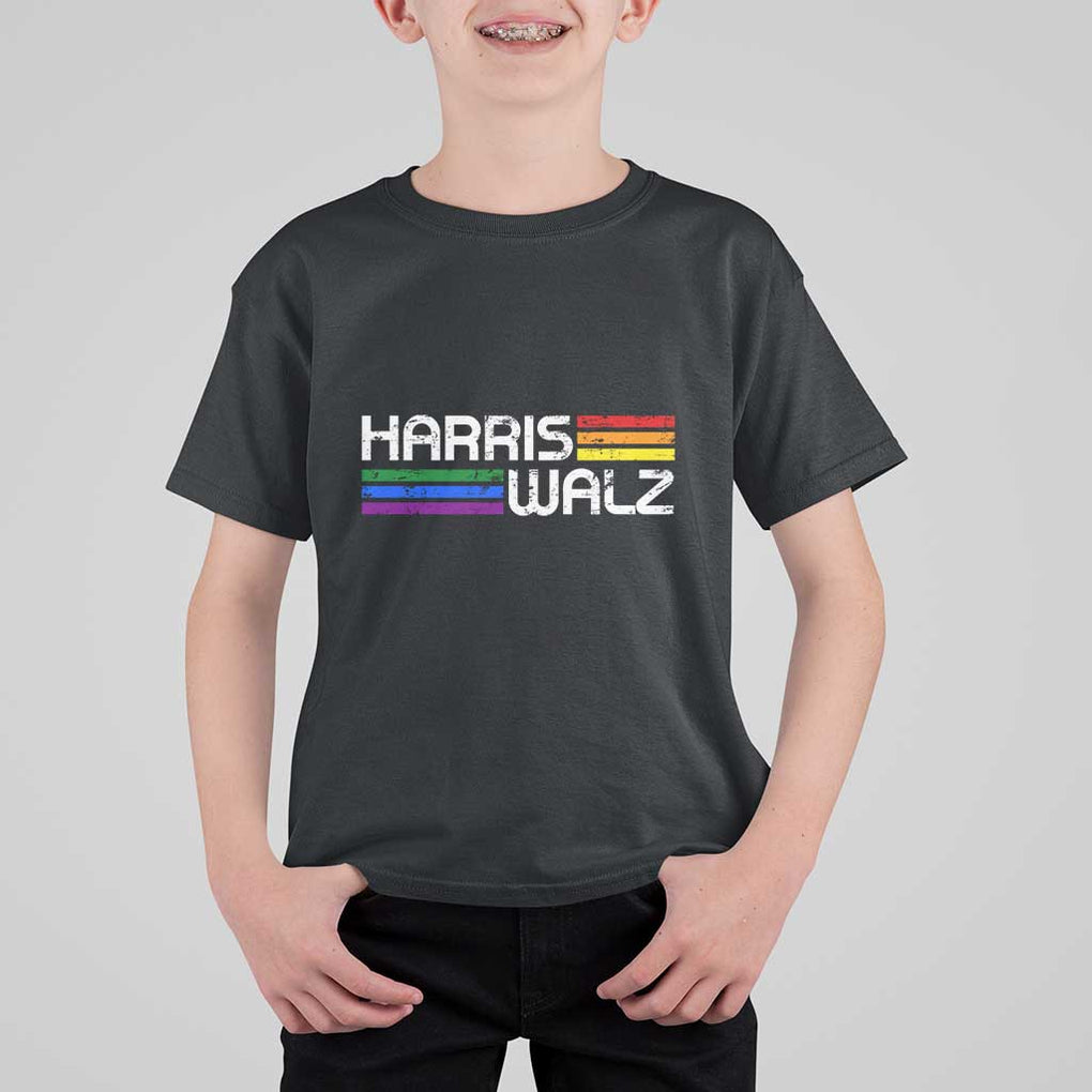 Harris Walz T Shirt For Kid LGBT Rainbow Flag Retro Faded Stripes TS11 Black Print Your Wear